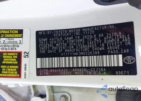 2021 Toyota Camry Se из США, поврежденный, VIN 4T1T11AK3MU526388